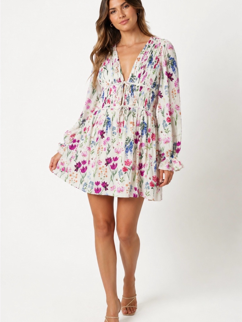 En Saison Floral Long Sleeve Tie Front Mini Dress Size L
